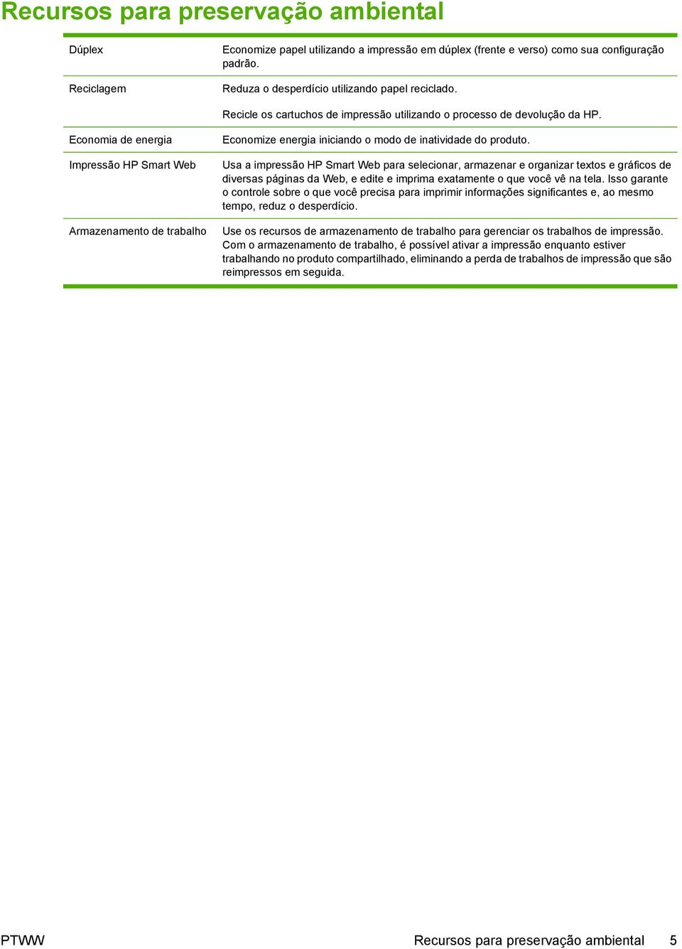 Economia de energia Impressão HP Smart Web Armazenamento de trabalho Economize energia iniciando o modo de inatividade do produto.