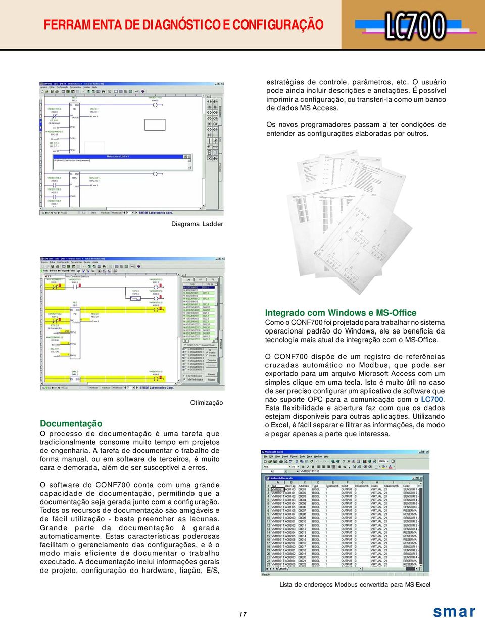 Diagrama Ladder Integrado com Windows e MS-Office Como o CONF700 foi projetado para trabalhar no sistema operacional padrão do Windows, ele se beneficia da tecnologia mais atual de integração com o