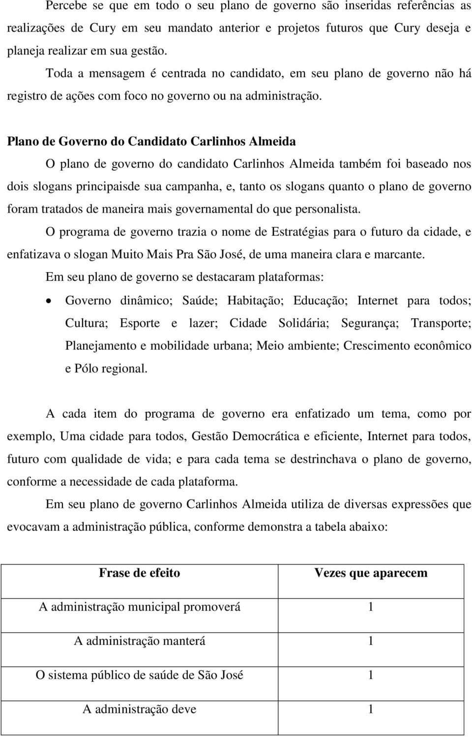 Plano de Governo do Candidato Carlinhos Almeida O plano de governo do candidato Carlinhos Almeida também foi baseado nos dois slogans principaisde sua campanha, e, tanto os slogans quanto o plano de