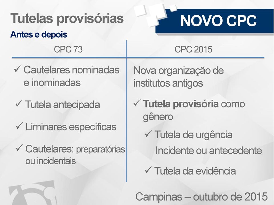 Nova organização de institutos antigos Tutela provisória como gênero Tutela