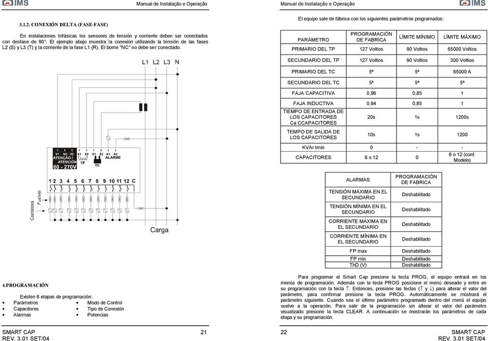 El equipo sale de fábrica con los siguientes parámetros programados: PARÁMETRO PROGRAMACIÓN DE FABRICA LÍMITE MÍNIMO LÍMITE MÁXIMO PRIMARIO DEL TP 127 Voltios 90 Voltios 65000 Voltios SECUNDARIO DEL