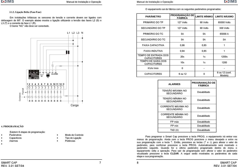 O equipamento sai de fábrica com os seguintes parâmetros programados: PARÂMETRO PROGRAMAÇÃO DE FÁBRICA LIMITE MÍNIMO LIMITE MÁXIMO PRIMÁRIO DO TP 127 Volts 90 Volts 65000 Volts SECUNDÁRIO DO TP 127