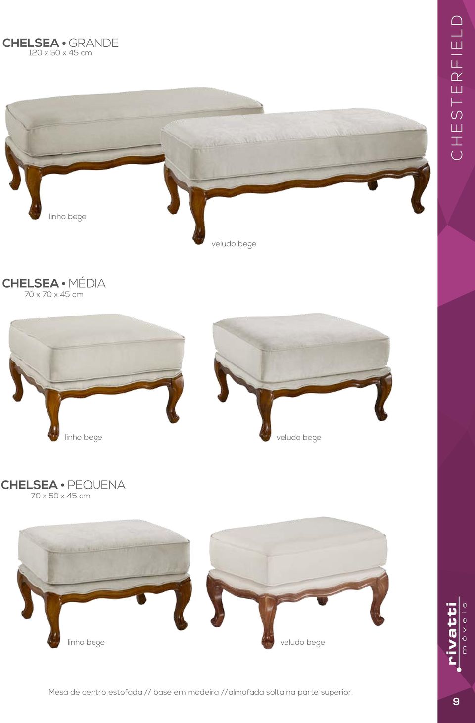 CHELSEA Pequena 70 x 50 x 45 cm linho bege veludo bege Mesa de