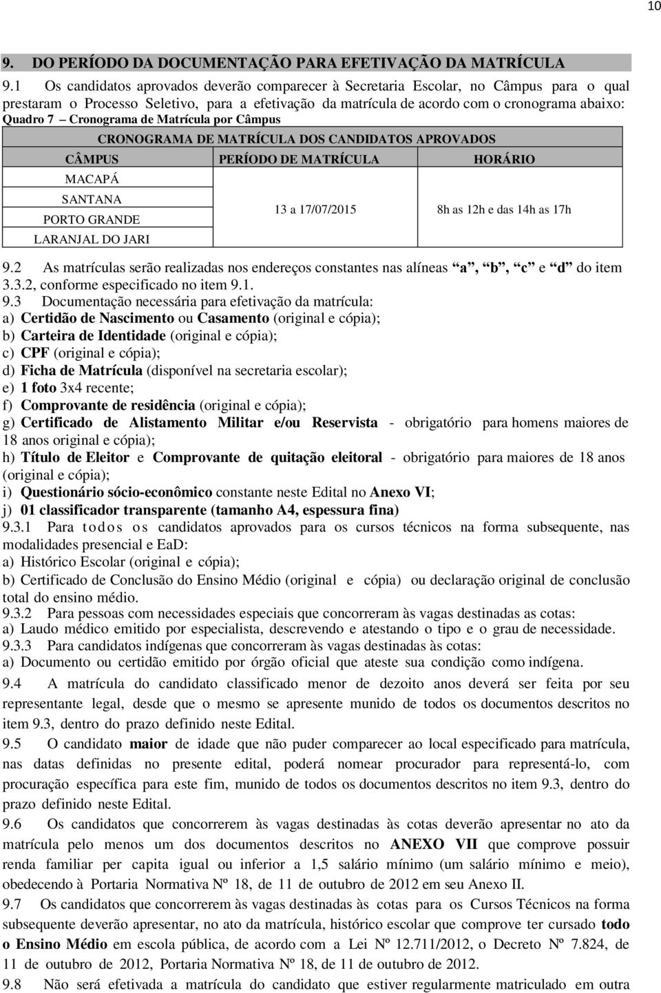 Cronograma de Matrícula por Câmpus CRONOGRAMA DE MATRÍCULA DOS CANDIDATOS APROVADOS CÂMPUS PERÍODO DE MATRÍCULA HORÁRIO MACAPÁ SANTANA PORTO GRANDE LARANJAL DO JARI 13 a 17/07/2015 8h as 12h e das