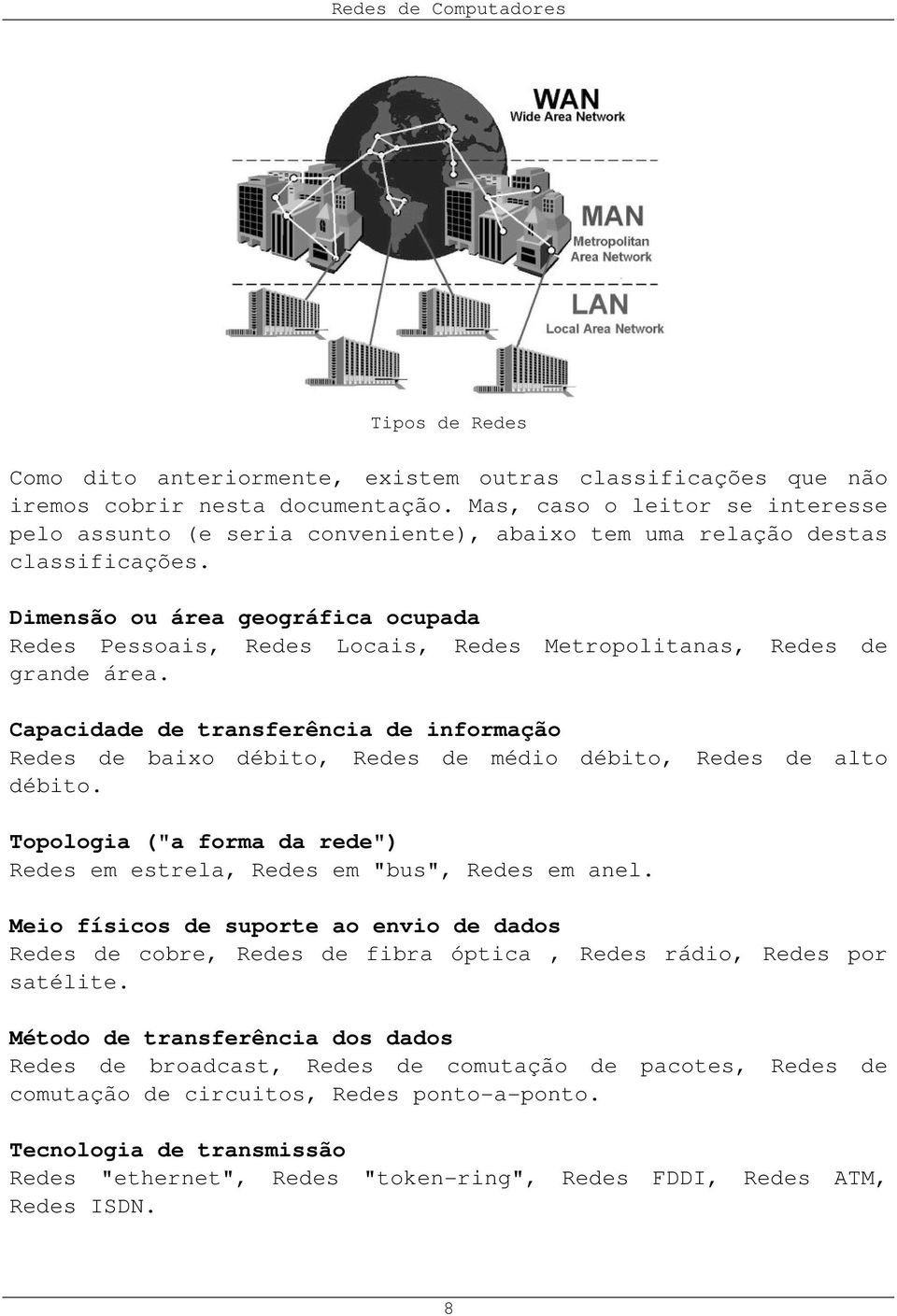 Dimensão ou área geográfica ocupada Redes Pessoais, Redes Locais, Redes Metropolitanas, Redes de grande área.