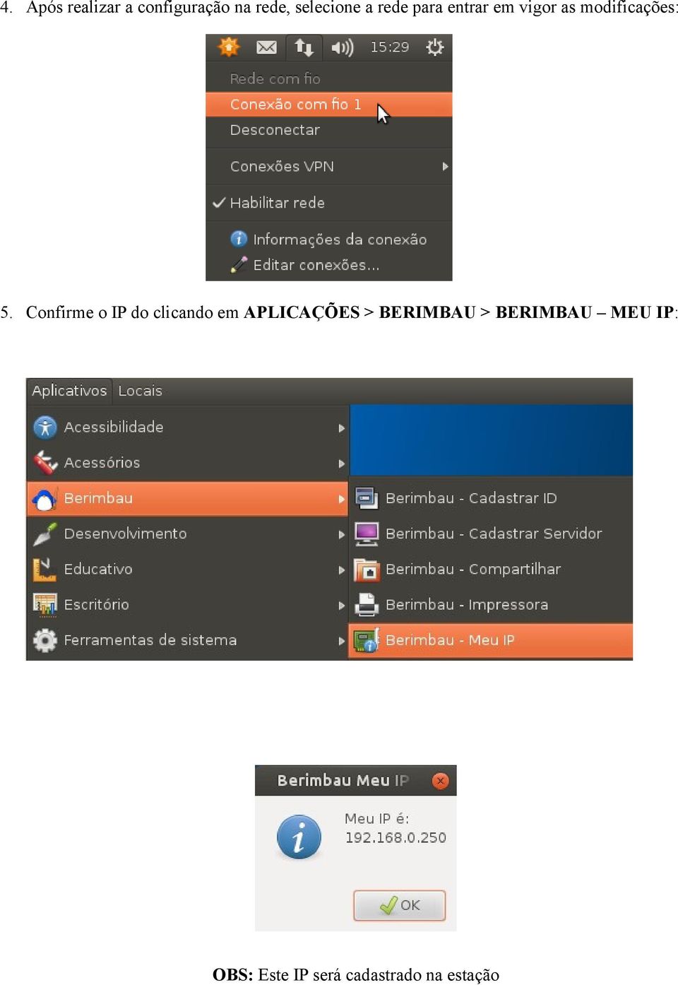 Confirme o IP do clicando em APLICAÇÕES > BERIMBAU