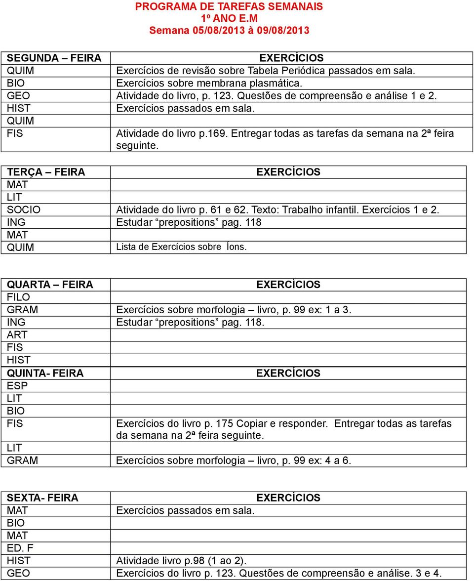 Estudar prepositions pag. 118 Lista de Exercícios sobre Íons. QUA FEIRA GRAM Exercícios sobre morfologia livro, p. 99 ex: 1 a 3. Estudar prepositions pag. 118. QUINTA- FEIRA Exercícios do livro p.