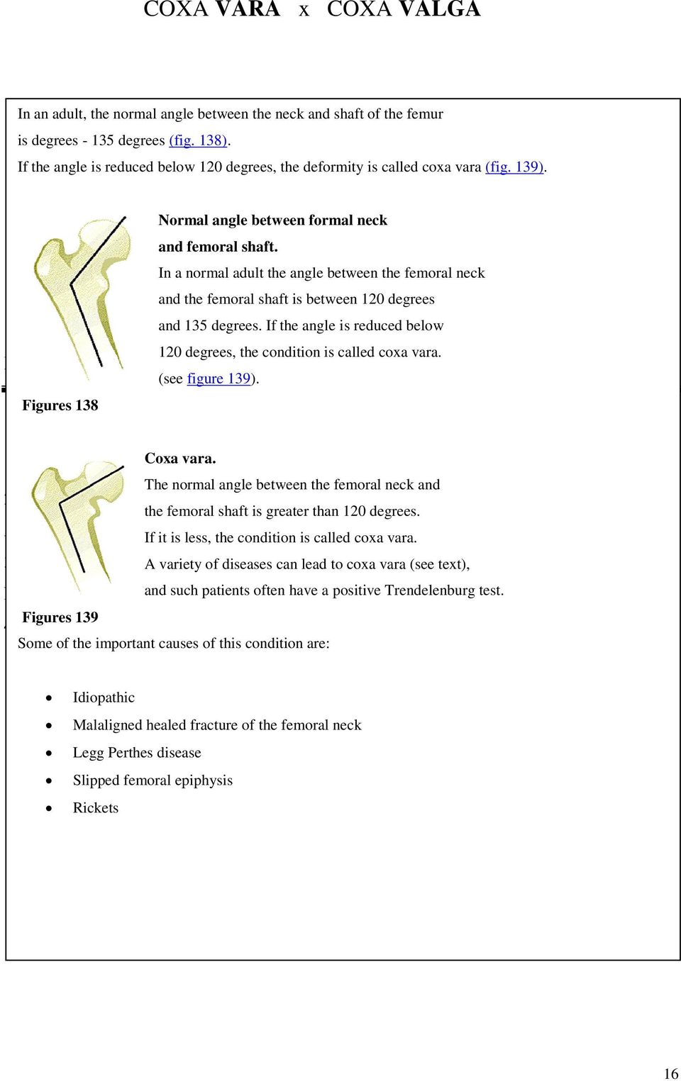 In a normal adult the angle between the femoral neck and the femoral shaft is between 120 degrees and 135 degrees. If the angle is reduced below 120 degrees, the condition is called coxa vara.