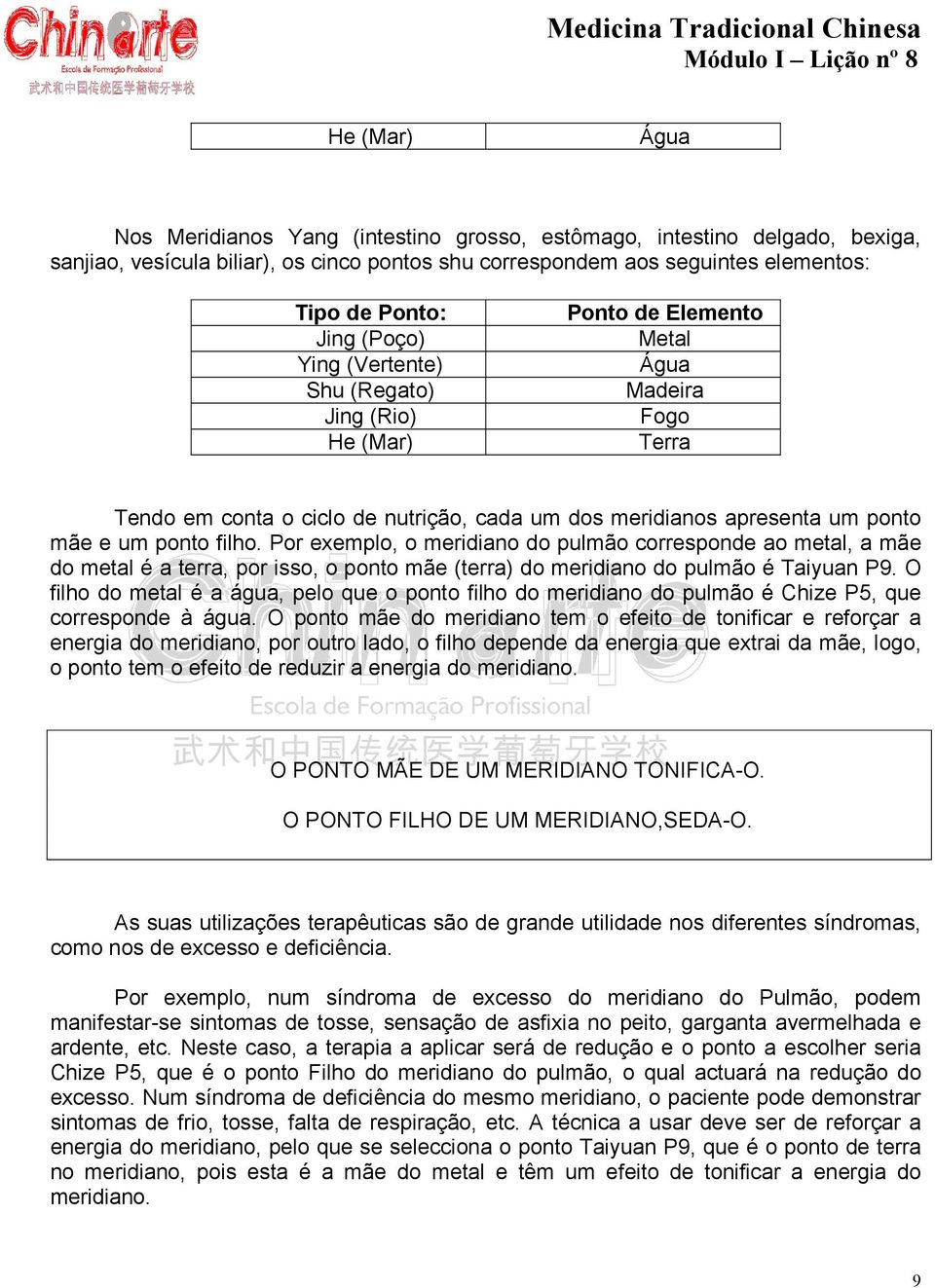 filho. Por exemplo, o meridiano do pulmão corresponde ao metal, a mãe do metal é a terra, por isso, o ponto mãe (terra) do meridiano do pulmão é Taiyuan P9.