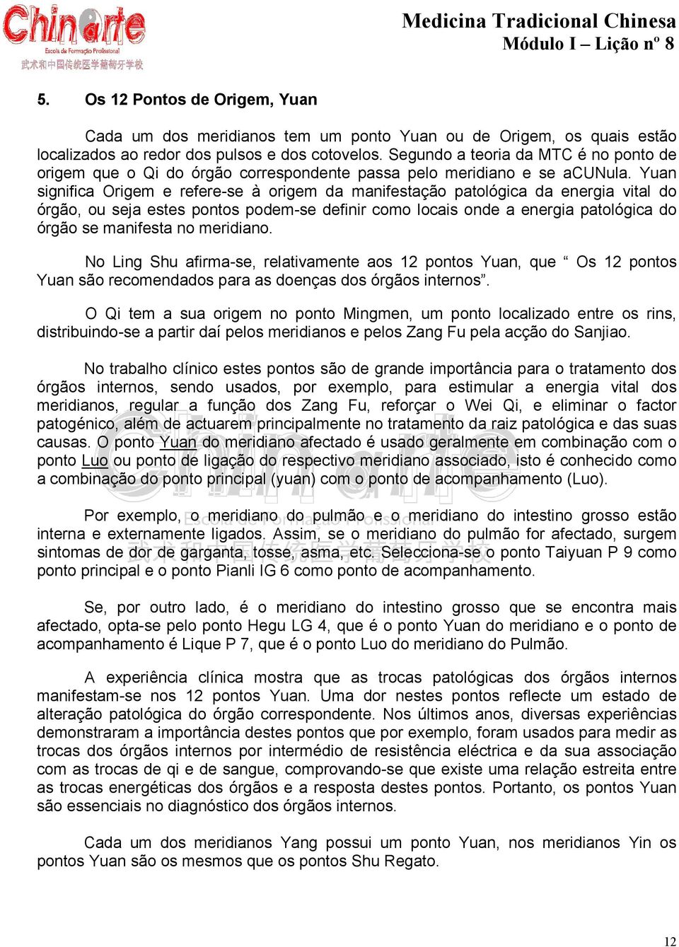 Yuan significa Origem e refere-se à origem da manifestação patológica da energia vital do órgão, ou seja estes pontos podem-se definir como locais onde a energia patológica do órgão se manifesta no