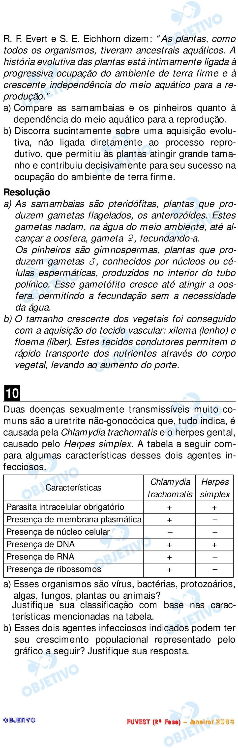 a) Compare as samambaias e os pinheiros quanto à dependência do meio aquático para a reprodução.