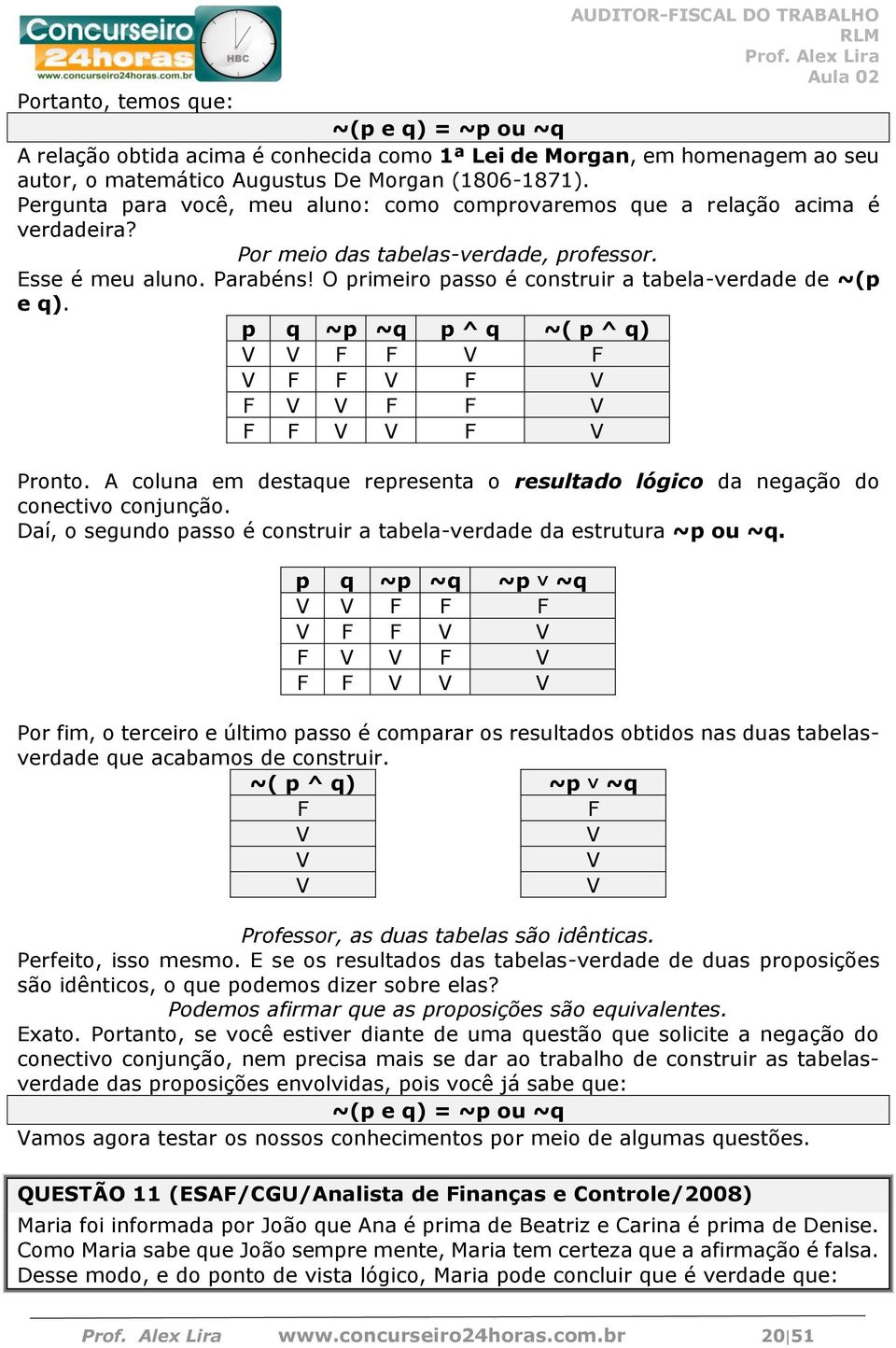 O primeiro passo é construir a tabela-verdade de ~(p e q). p q ~p ~q p ^ q ~( p ^ q) V V F F V F V F F V F V F V V F F V F F V V F V Pronto.