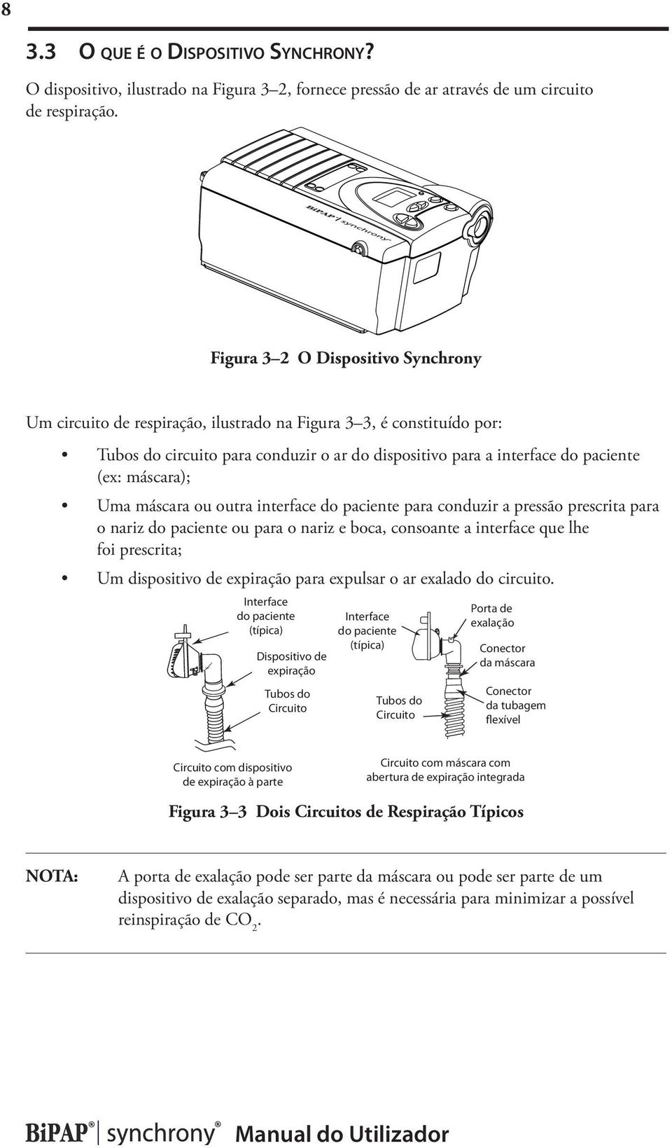 máscara); Uma máscara ou outra interface do paciente para conduzir a pressão prescrita para o nariz do paciente ou para o nariz e boca, consoante a interface que lhe foi prescrita; Um dispositivo de