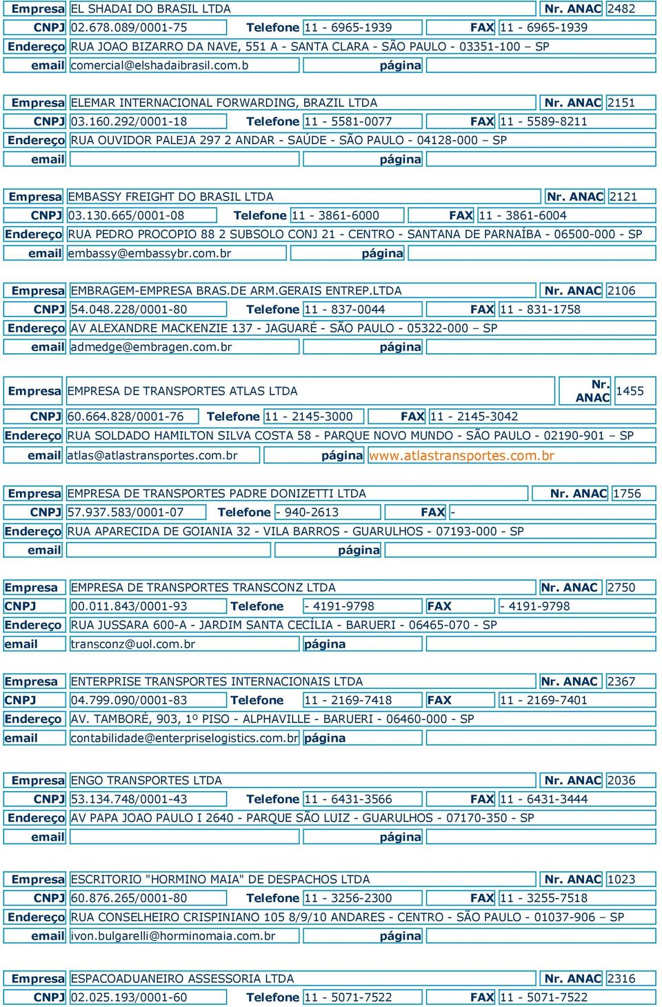 rcial@elshadaibrasil.com.b Empresa ELEMAR INTERNACIONAL FORWARDING, BRAZIL LTDA ANAC 2151 CNPJ 03.160.