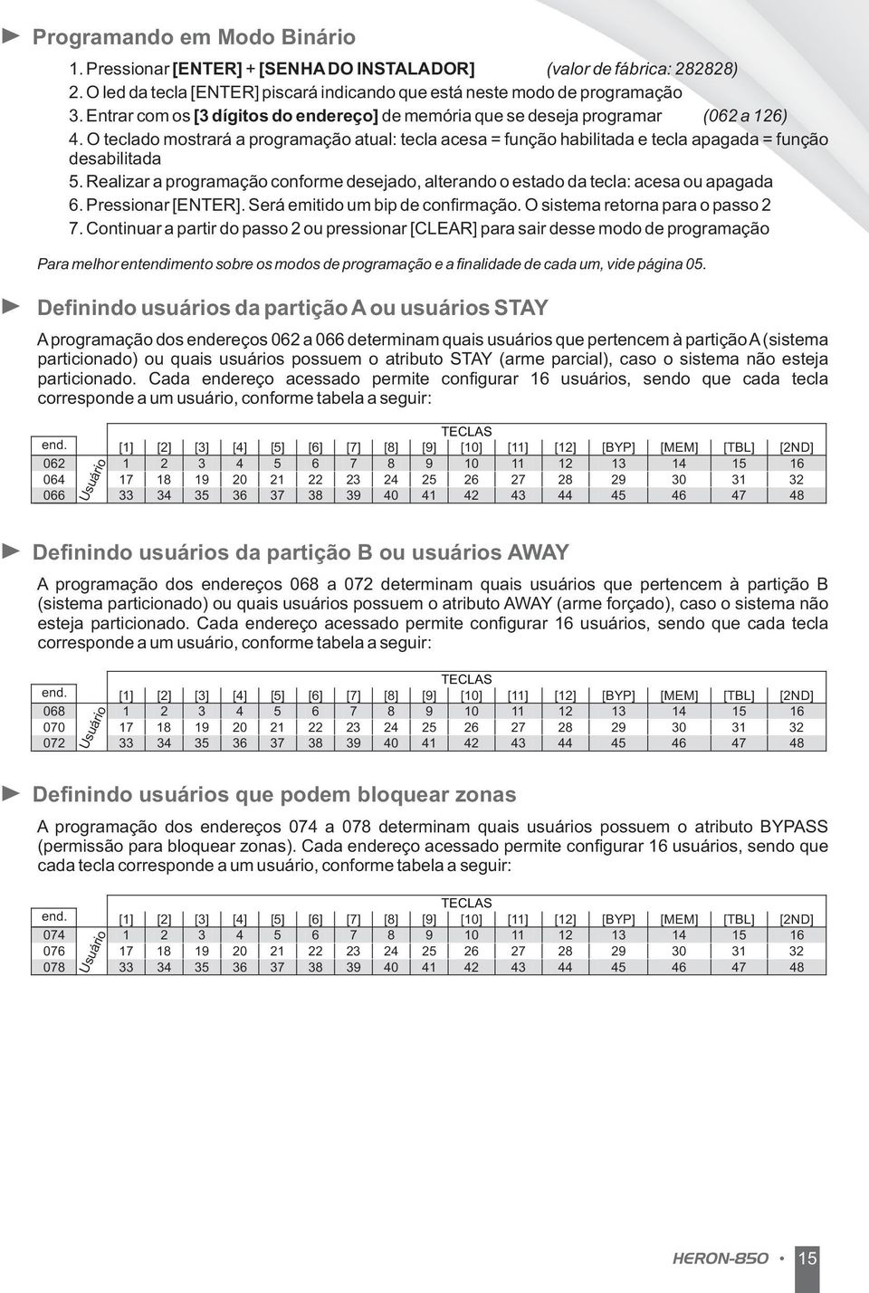 Realizar a programação conforme desejado, alterando o estado da tecla: acesa ou apagada 6. Pressionar [ENTER]. Será emitido um bip de confirmação. O sistema retorna para o passo 2 7.