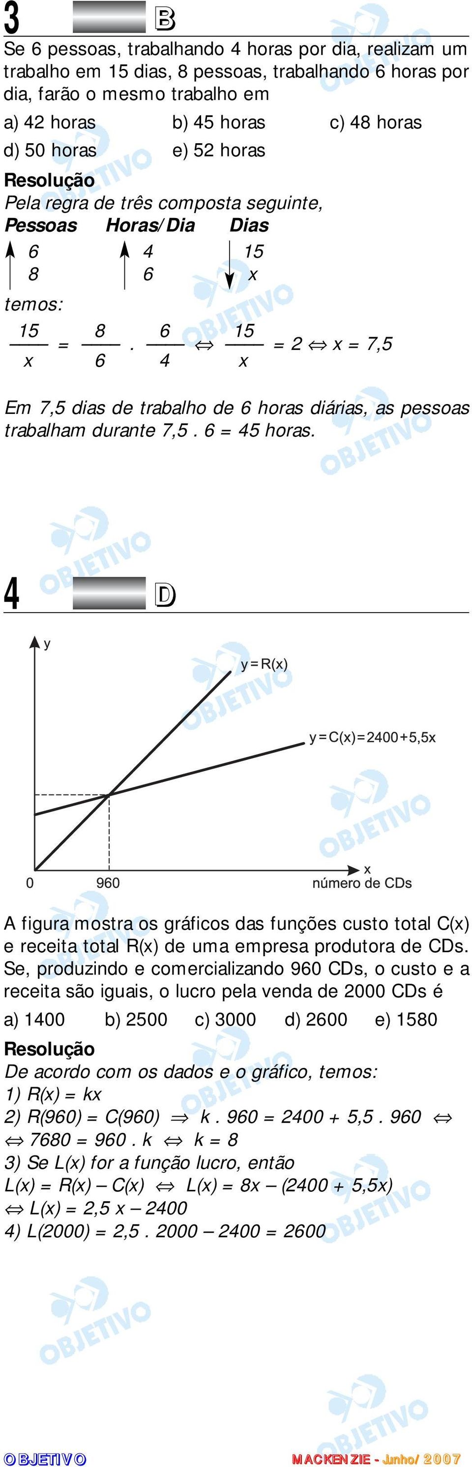 6 = 45 horas. 15 x 4 D A figura mostra os gráficos das funções custo total C(x) e receita total R(x) de uma empresa produtora de CDs.