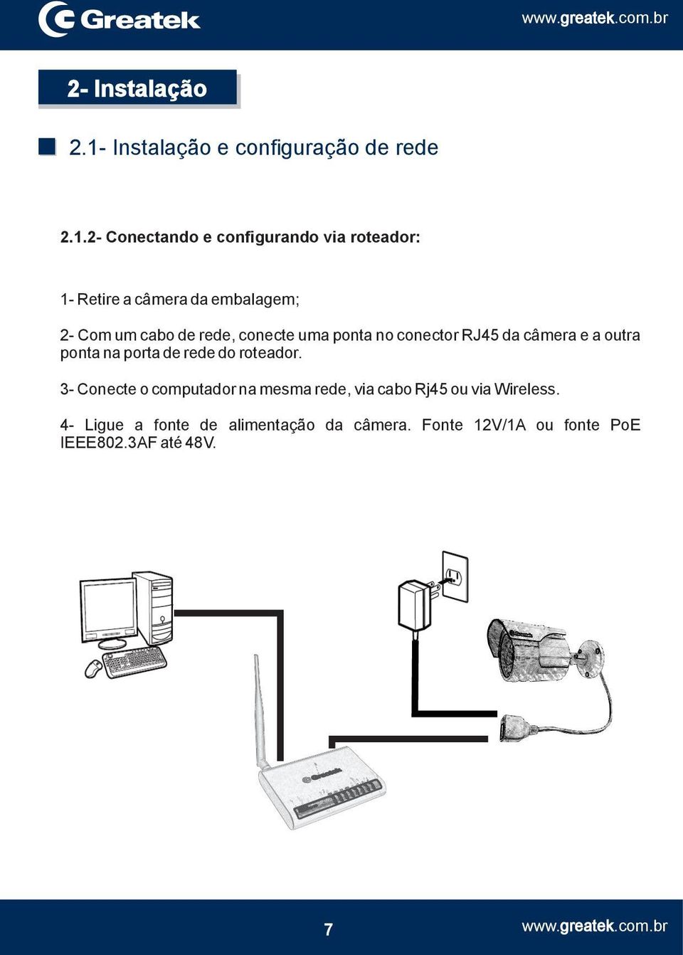 2- Conectando e configurando via roteador: 1- Retire a câmera da embalagem; 2- Com um cabo de rede,