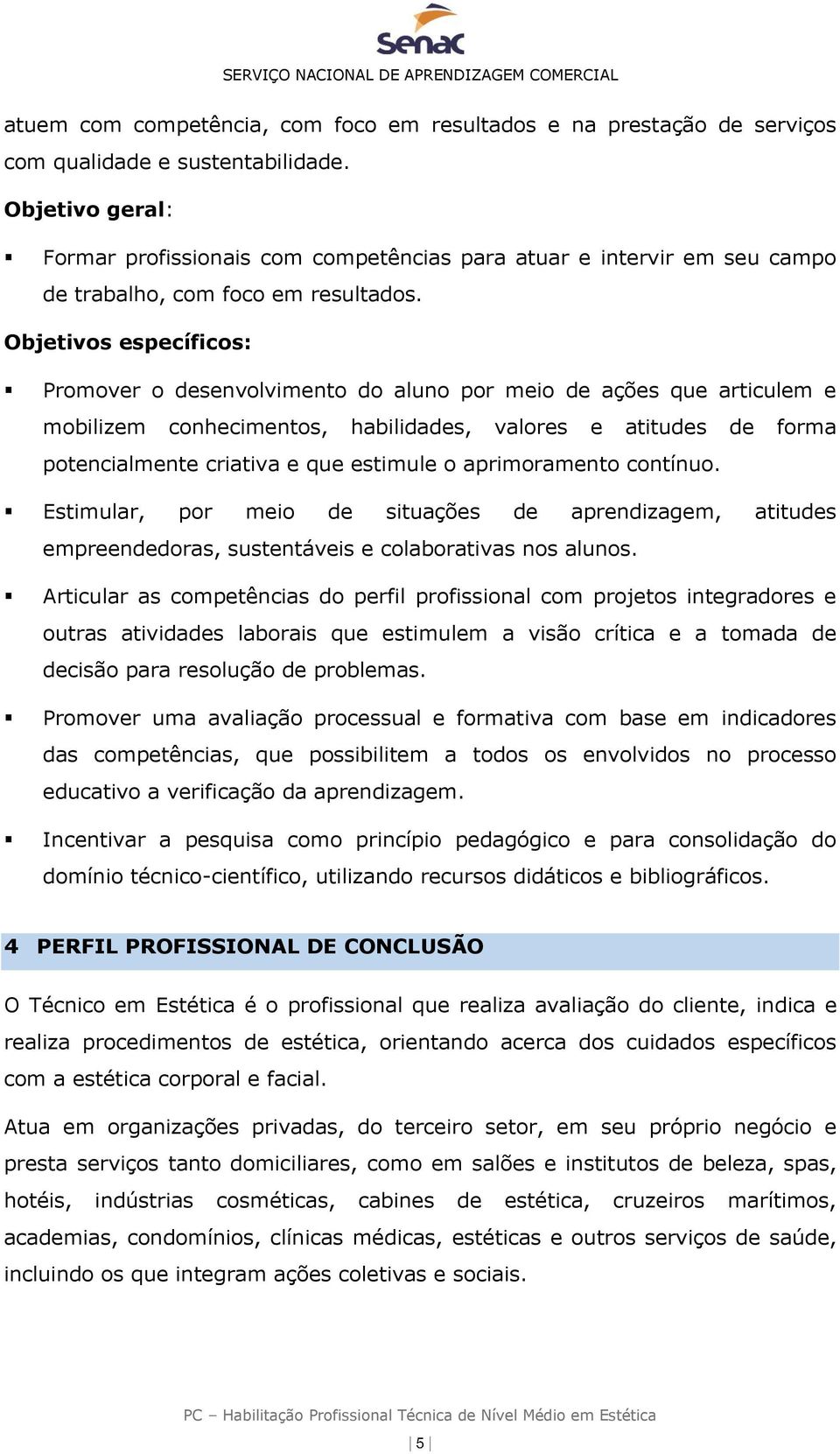 Objetivos específicos: Promover o desenvolvimento do aluno por meio de ações que articulem e mobilizem conhecimentos, habilidades, valores e atitudes de forma potencialmente criativa e que estimule o