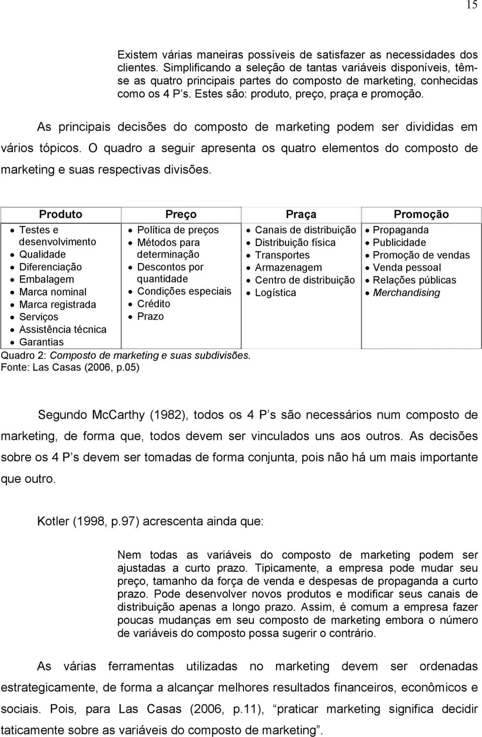 As principais decisões do composto de marketing podem ser divididas em vários tópicos. O quadro a seguir apresenta os quatro elementos do composto de marketing e suas respectivas divisões.