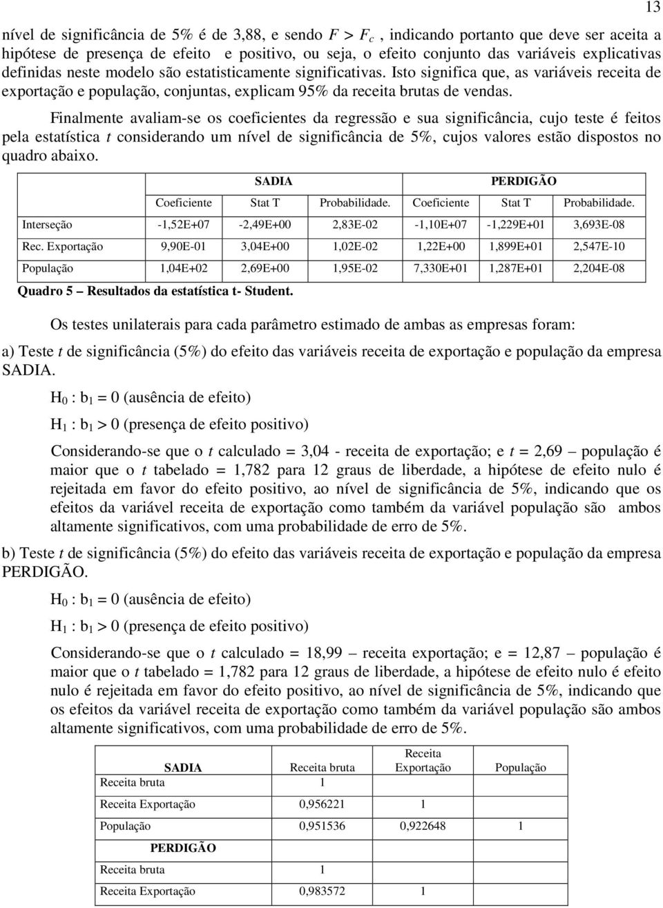 Finalmente avaliam-se os coeficientes da regressão e sua significância, cujo teste é feitos pela estatística t considerando um nível de significância de 5%, cujos valores estão dispostos no quadro