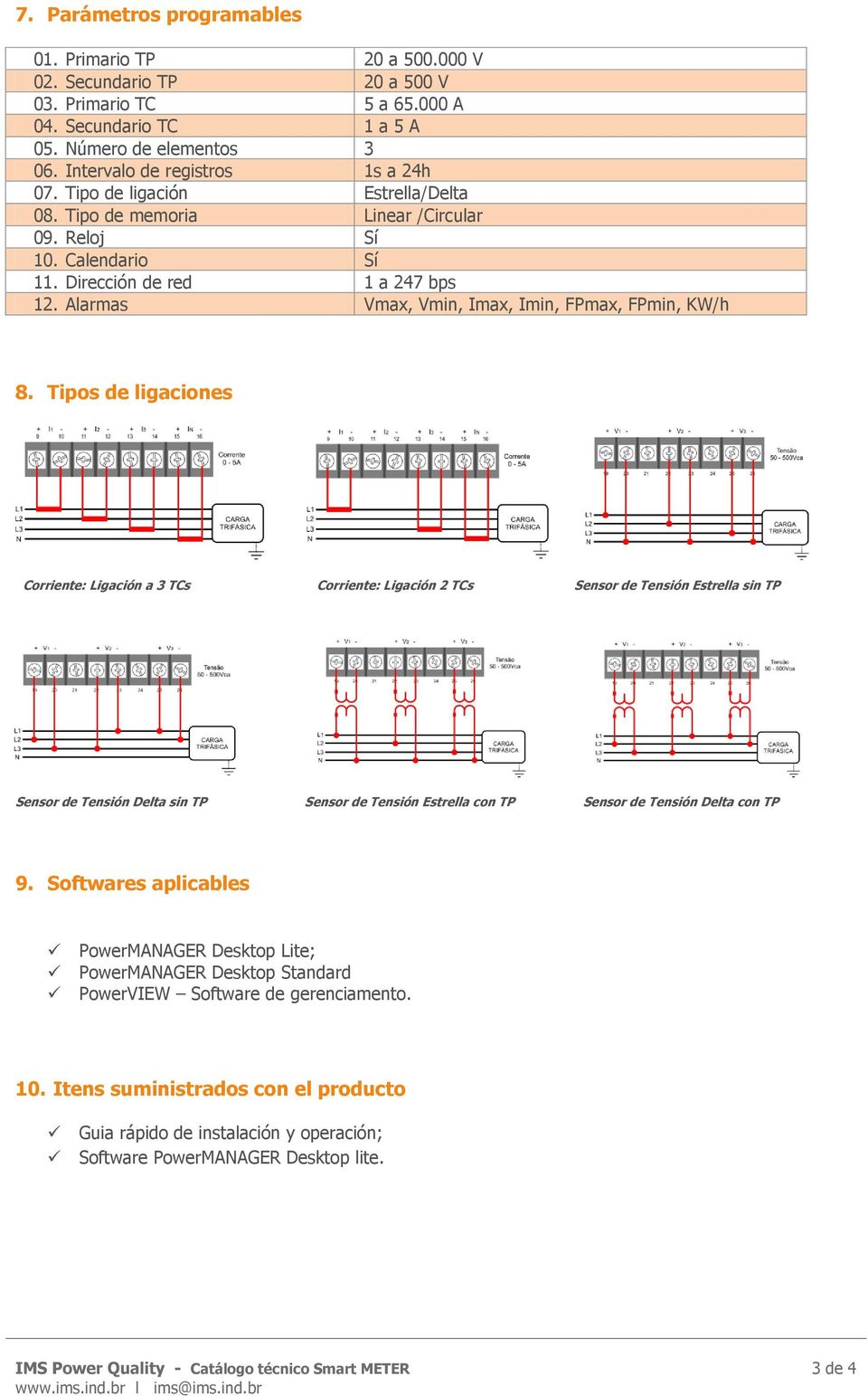 Alarmas Vmax, Vmin, Imax, Imin, FPmax, FPmin, KW/h 8.