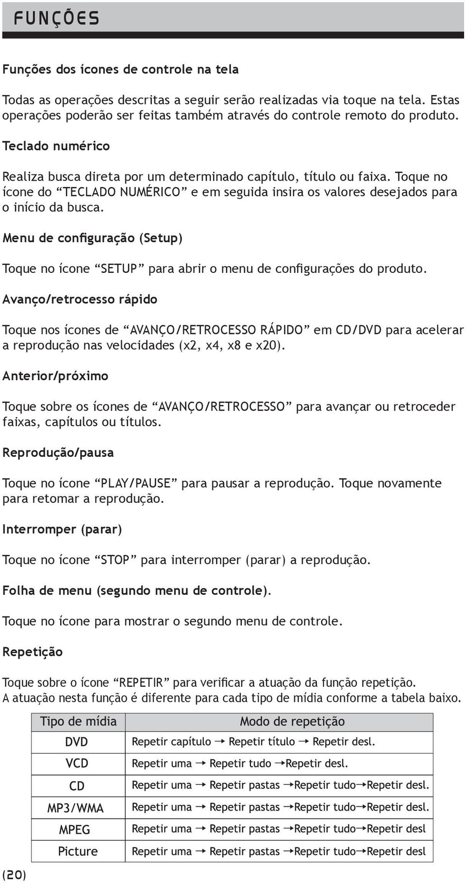 Toque no ícone do TECLADO NUMÉRICO e em seguida insira os valores desejados para o início da busca. Menu de configuração (Setup) Toque no ícone SETUP para abrir o menu de configurações do produto.