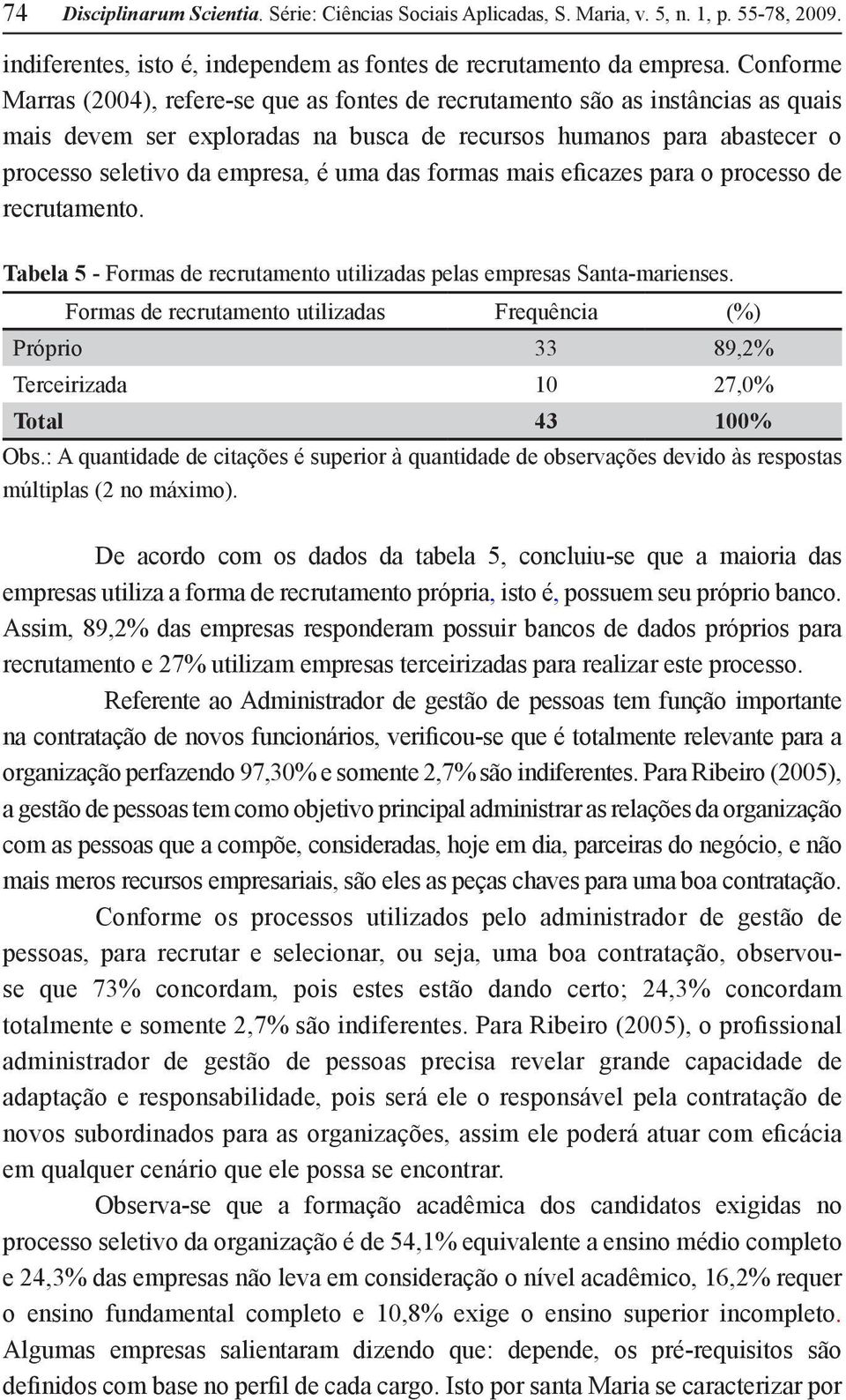 das formas mais eficazes para o processo de recrutamento. Tabela 5 - Formas de recrutamento utilizadas pelas empresas Santa-marienses.