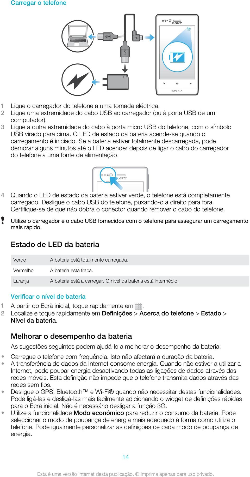 Se a bateria estiver totalmente descarregada, pode demorar alguns minutos até o LED acender depois de ligar o cabo do carregador do telefone a uma fonte de alimentação.