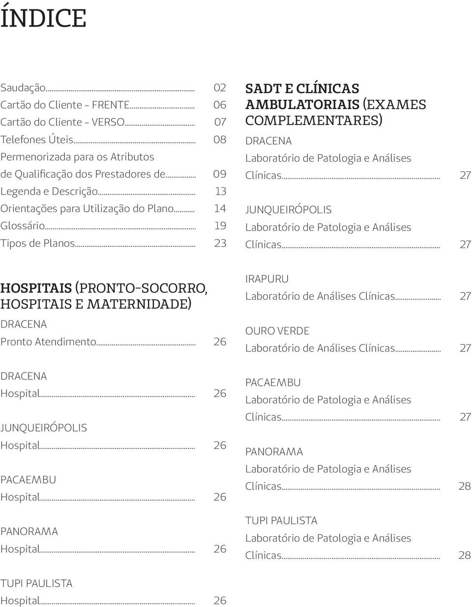 .. 02 06 07 08 09 13 14 19 23 SADT E CLÍNICAS AMBULATORIAIS (EXAMES COMPLEMENTARES) DRACENA Laboratório de Patologia e Análises Clínicas... JUNQUEIRÓPOLIS Laboratório de Patologia e Análises Clínicas.