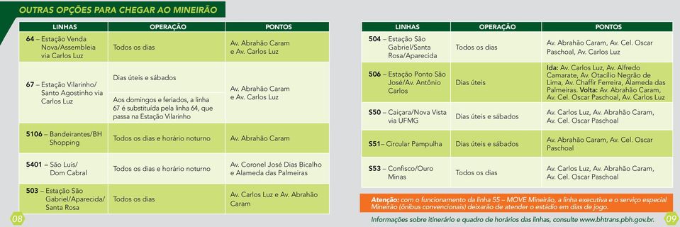 Carlos Luz 67 Estação Vilarinho/ Santo Agostinho via Carlos Luz Dias úteis e sábados Aos domingos e feriados, a linha 67 é substituída pela linha 64, que passa na Estação Vilarinho e Av.