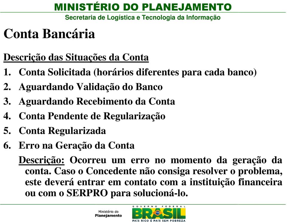 Aguardando Recebimento da Conta 4. Conta Pendente de Regularização 5. Conta Regularizada 6.