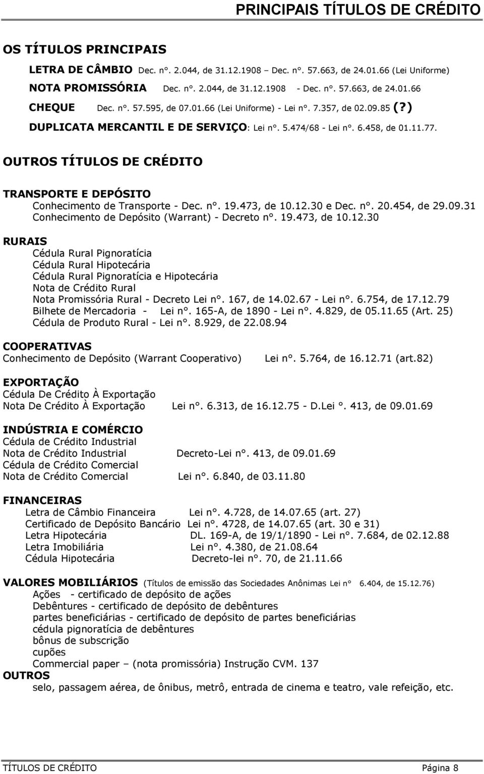 OUTROS TÍTULOS DE CRÉDITO TRANSPORTE E DEPÓSITO Conhecimento de Transporte - Dec. n. 19.473, de 10.12.