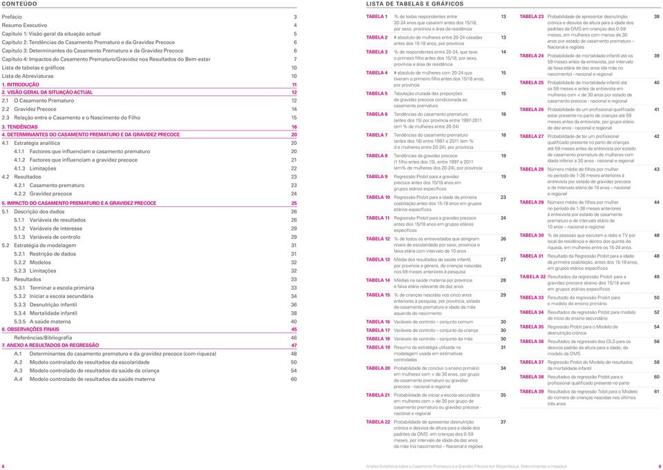1. INTRODUÇÃO 11 2. VISÃO GERAL DA SITUAÇÃO ACTUAL 12 2.1 O Casamento Prematuro 12 2.2 Gravidez Precoce 14 2.3 Relação entre o Casamento e o Nascimento do Filho 15 3. TENDÊNCIAS 16 4.