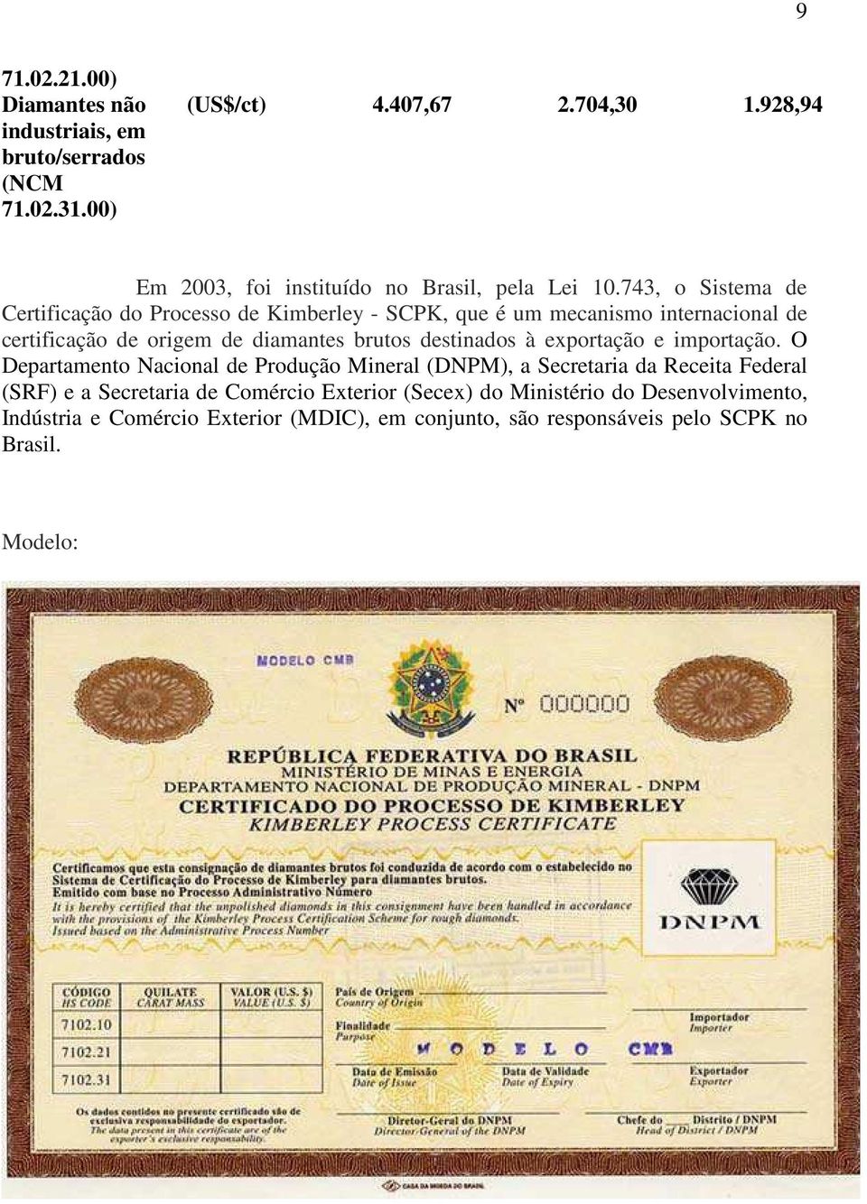 743, o Sistema de Certificação do Processo de Kimberley - SCPK, que é um mecanismo internacional de certificação de origem de diamantes brutos