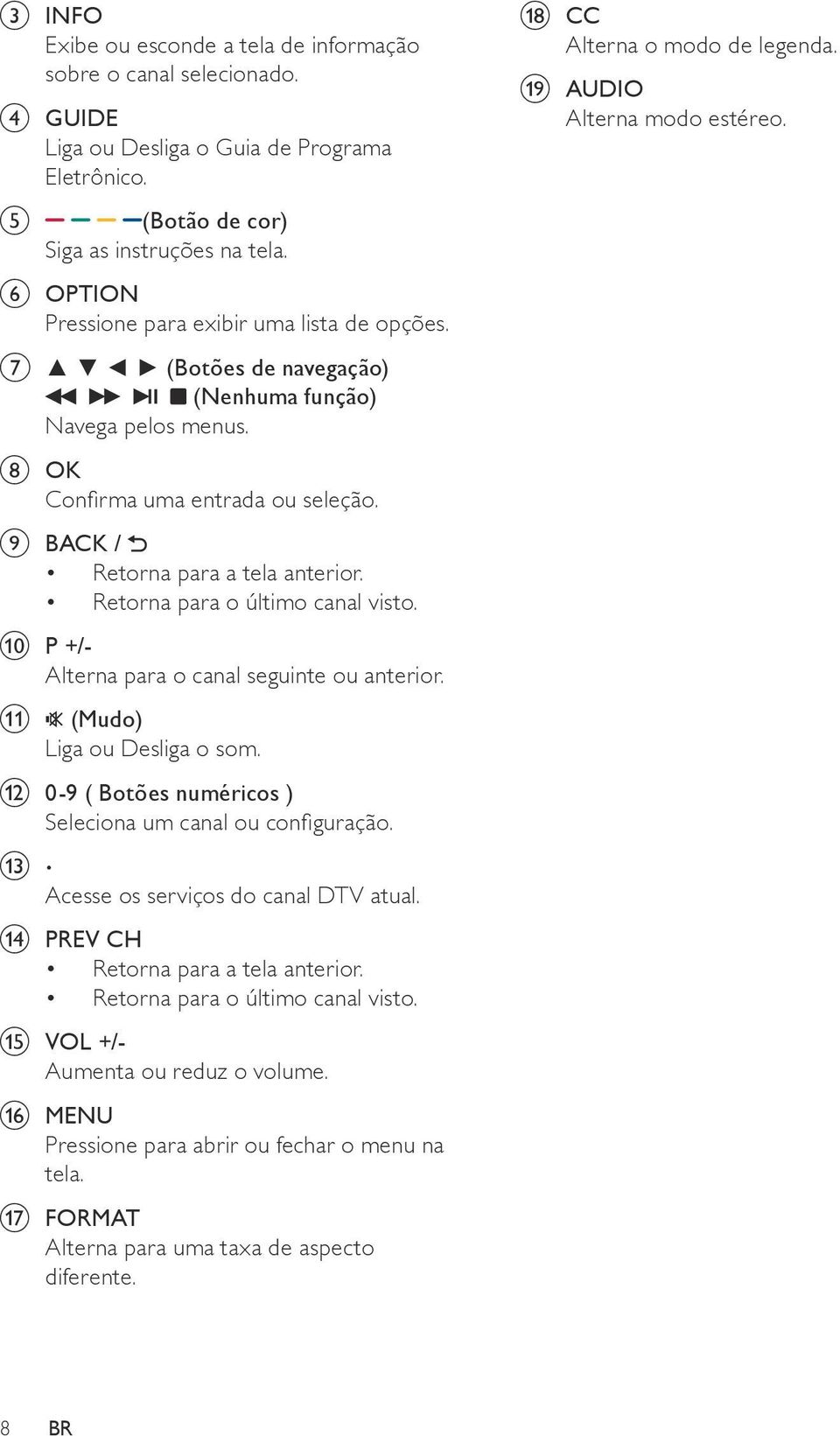 Retorna para o último canal visto. j P +/- Alterna para o canal seguinte ou anterior. k (Mudo) Liga ou Desliga o som. l 0-9 ( Botões numéricos ) Seleciona um canal ou configuração. m.