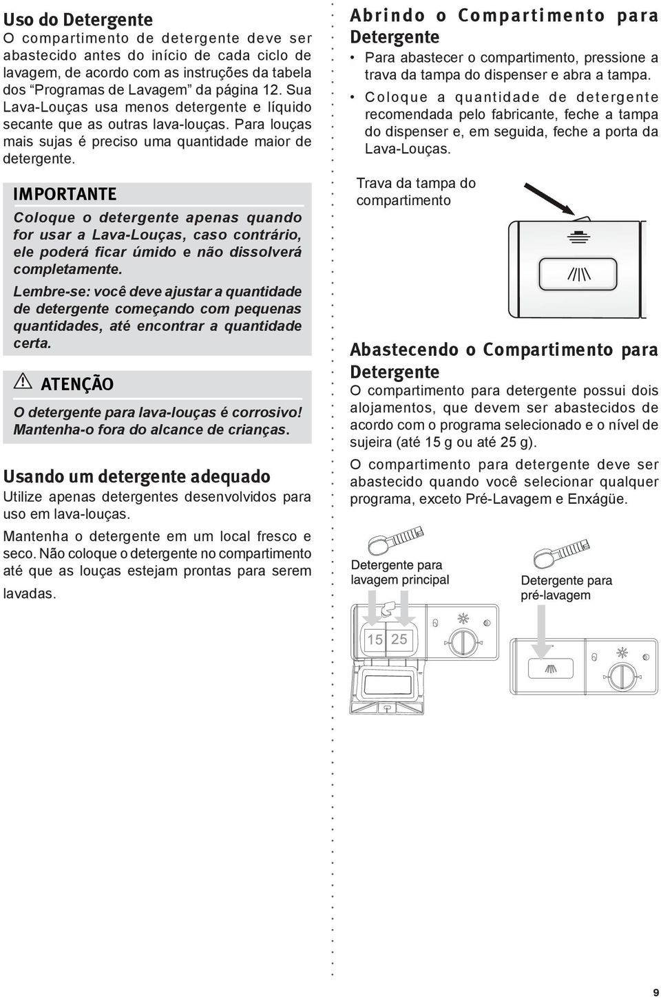 Coloque o detergente apenas quando for usar a Lava-Louças, caso contrário, ele poderá ficar úmido e não dissolverá completamente.