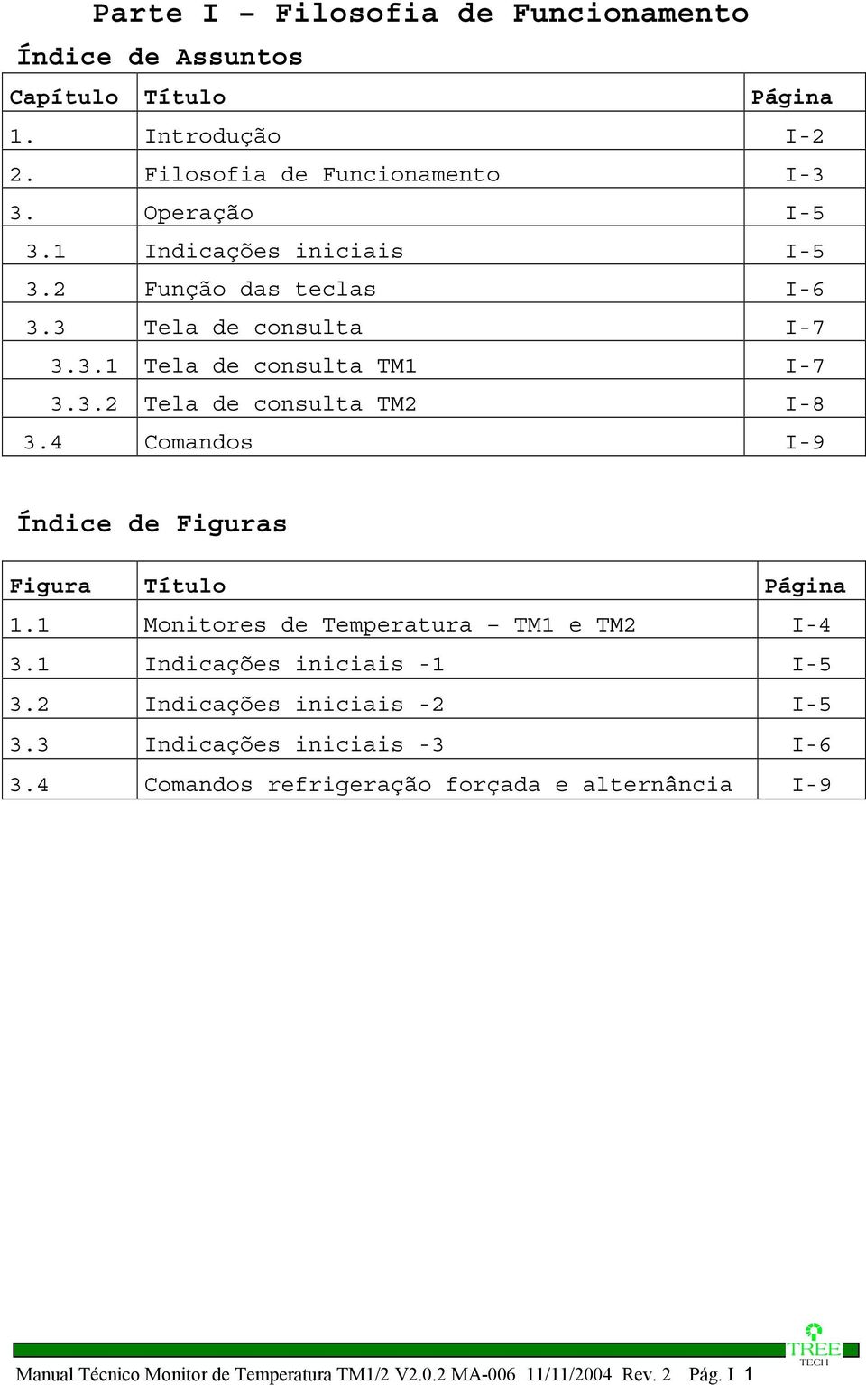 4 Comandos I-9 Índice de Figuras Figura Título Página 1.1 Monitores de Temperatura TM1 e TM2 I-4 3.1 Indicações iniciais -1 I-5 3.