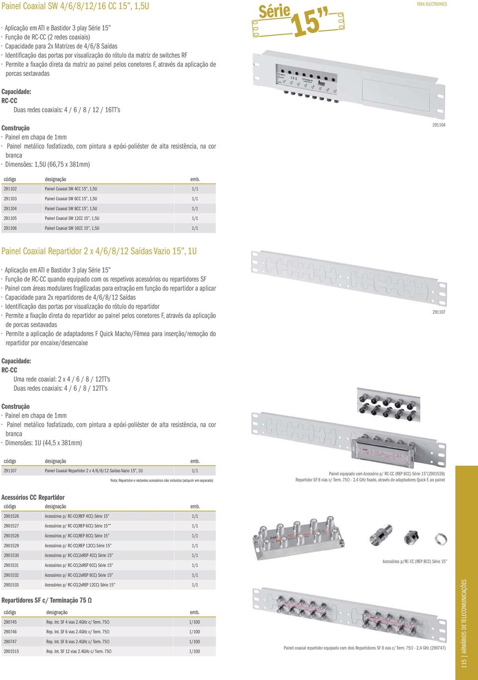 6 / 8 / 12 / 16TT s Painel em chapa de 1mm Painel metálico fosfatizado, com pintura a epóxi-poliéster de alta resistência, na cor branca Dimensões: 1,5U (66,75 x 381mm) 291104 291102 Painel Coaxial