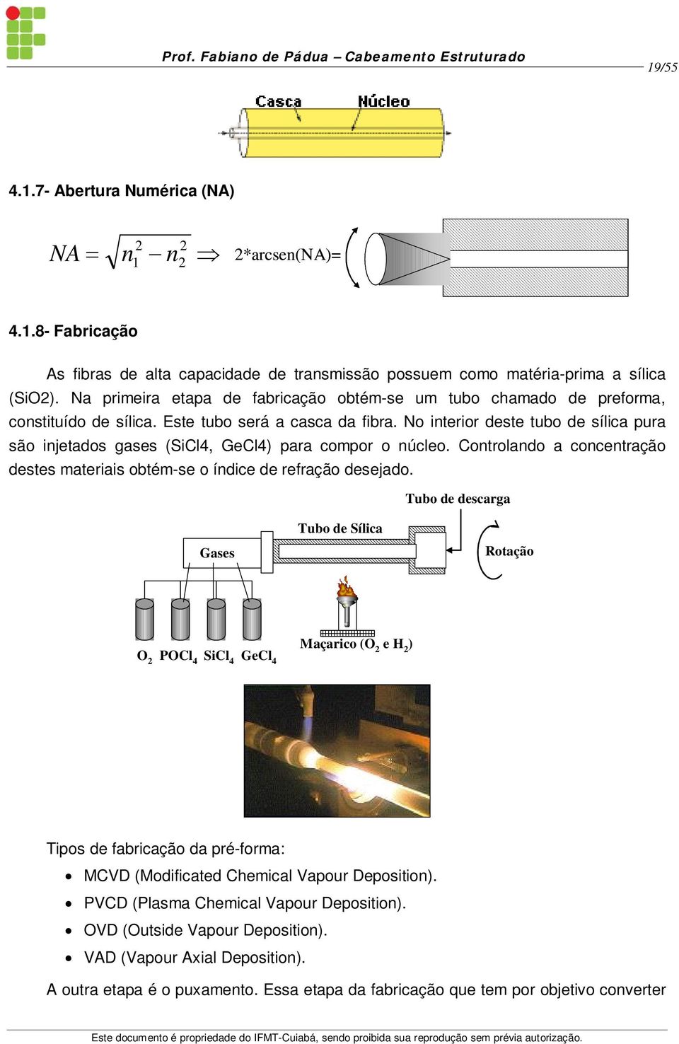 No interior deste tubo de sílica pura são injetados gases (SiCl4, GeCl4) para compor o núcleo. Controlando a concentração destes materiais obtém-se o índice de refração desejado.