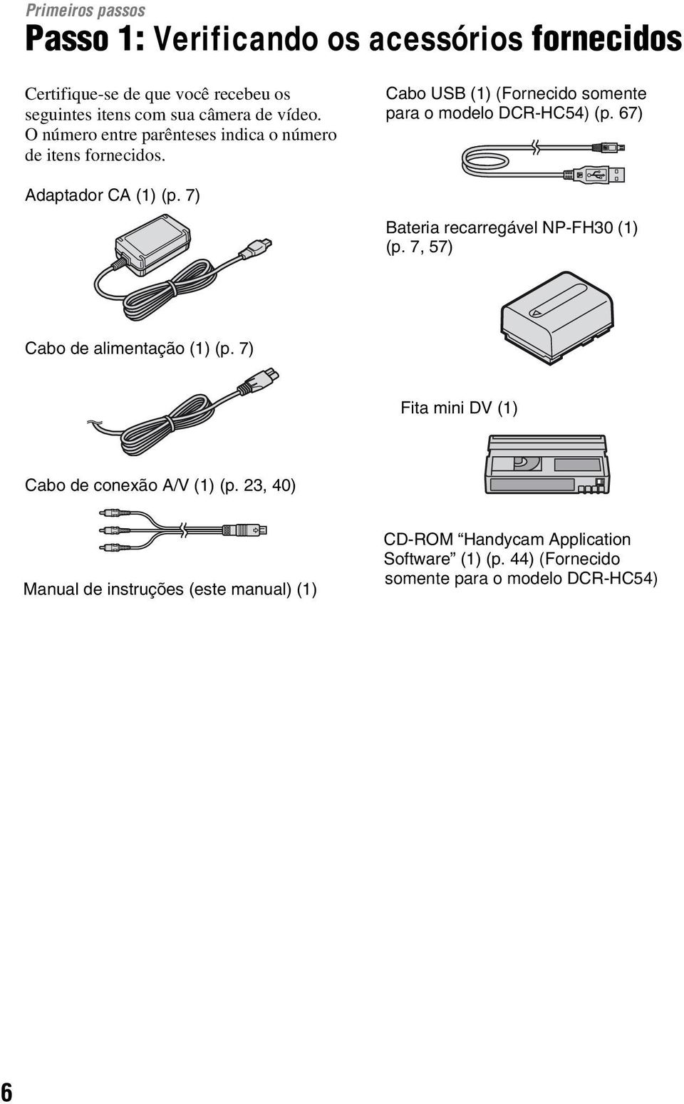 67) Adaptador CA (1) (p. 7) Bateria recarregável NP-FH30 (1) (p. 7, 57) Cabo de alimentação (1) (p.