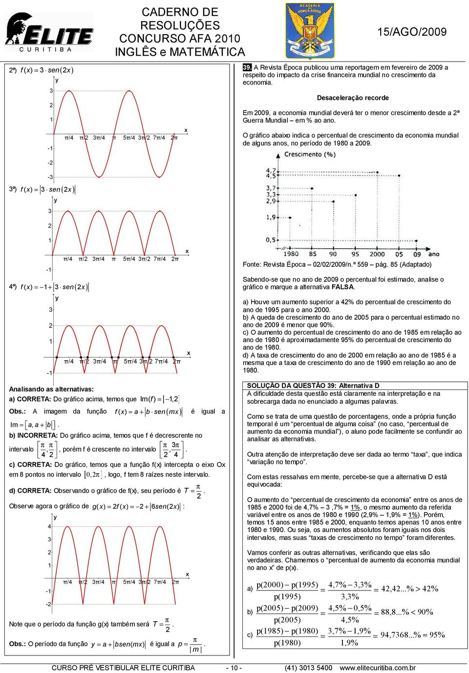 O gráfico abaixo indica o percentual de crescimento da economia mundial de alguns anos, no período de 980 a 009. º) f( x) = sen( x) Fonte: Revista Época 0/0/009/n.º 559 pág.