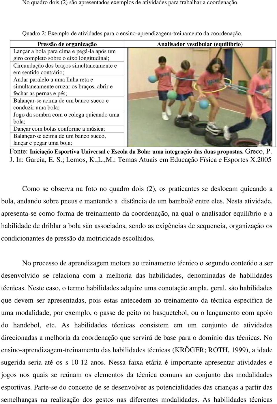 contrário; Andar paralelo a uma linha reta e simultaneamente cruzar os braços, abrir e fechar as pernas e pés; Balançar-se acima de um banco sueco e conduzir uma bola; Jogo da sombra com o colega