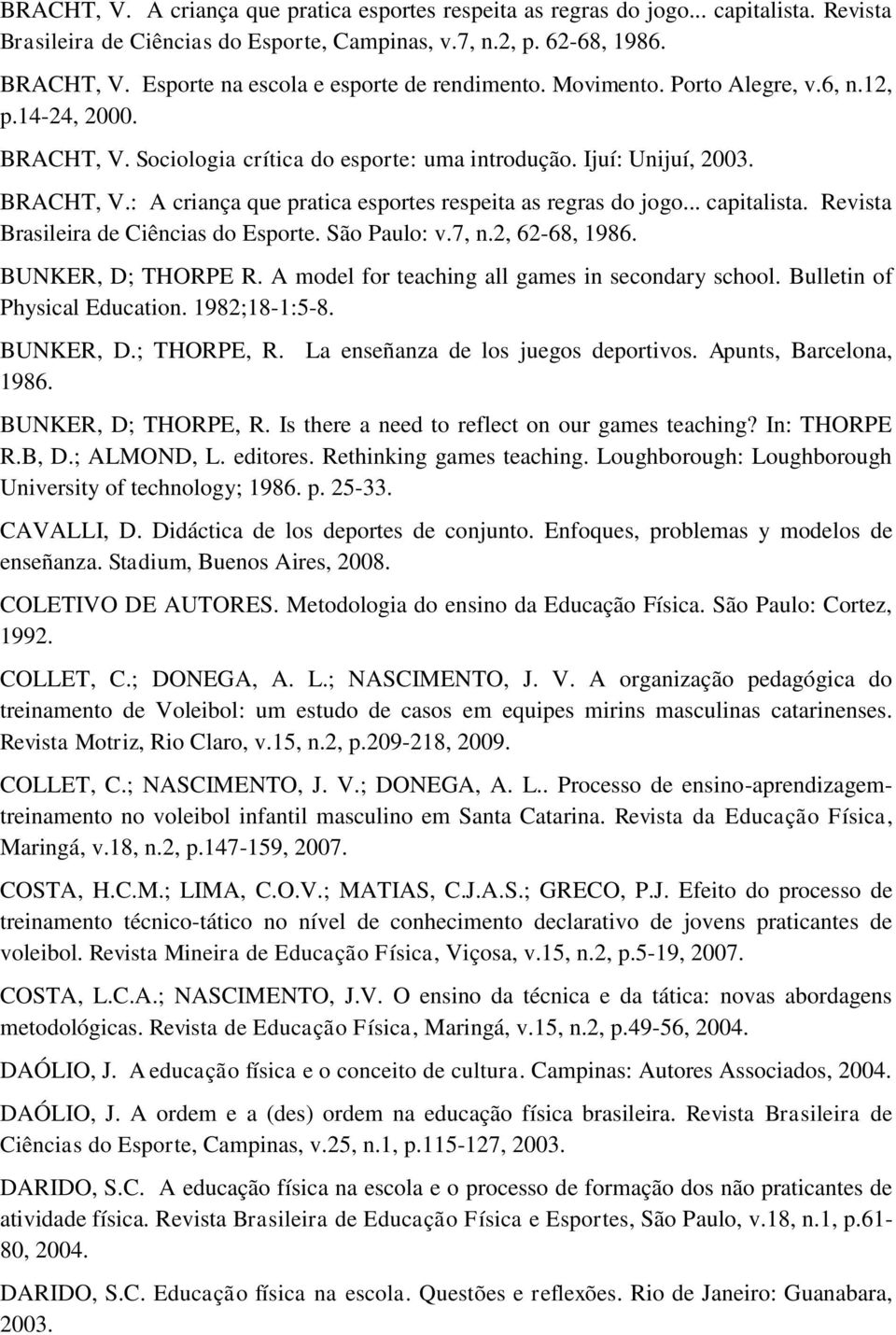 .. capitalista. Revista Brasileira de Ciências do Esporte. São Paulo: v.7, n.2, 62-68, 1986. BUNKER, D; THORPE R. A model for teaching all games in secondary school. Bulletin of Physical Education.