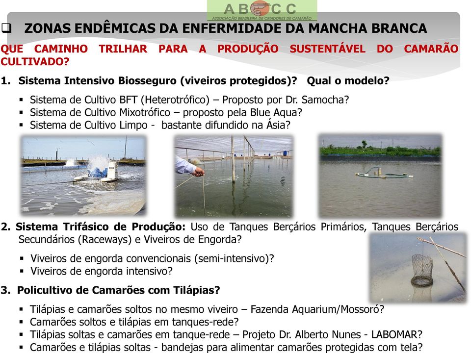 Sistema Trifásico de Produção: Uso de Tanques Berçários Primários, Tanques Berçários Secundários (Raceways) e Viveiros de Engorda? Viveiros de engorda convencionais (semi-intensivo)?