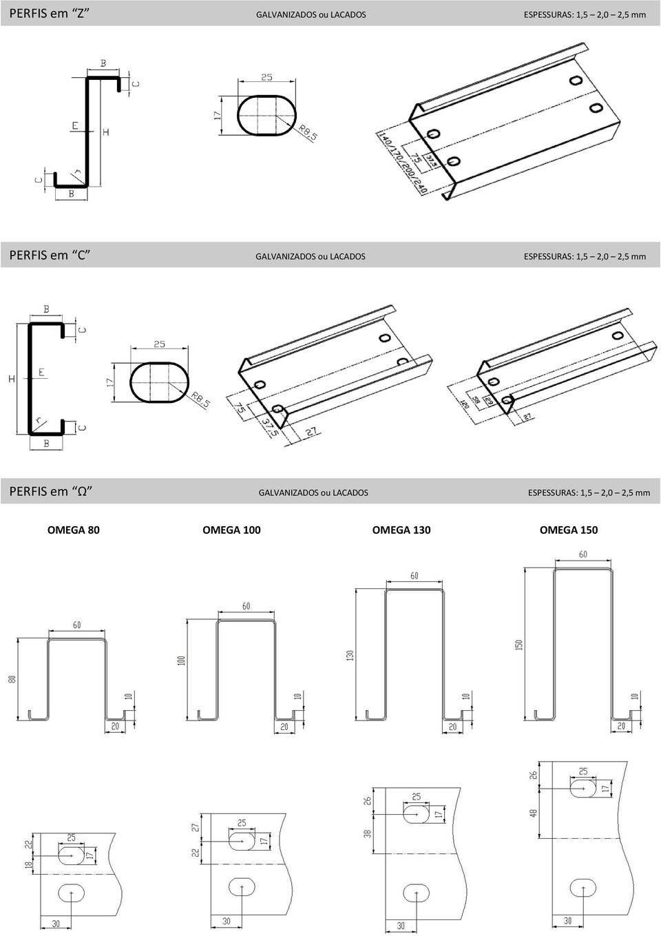 1,5 2,0 2,5 mm PERFIS em Ω GALVANIZADOS ou LACADOS