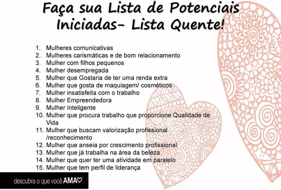 Mulher Empreendedora 9. Mulher Inteligente 10. Mulher que procura trabalho que proporcione Qualidade de Vida 11.