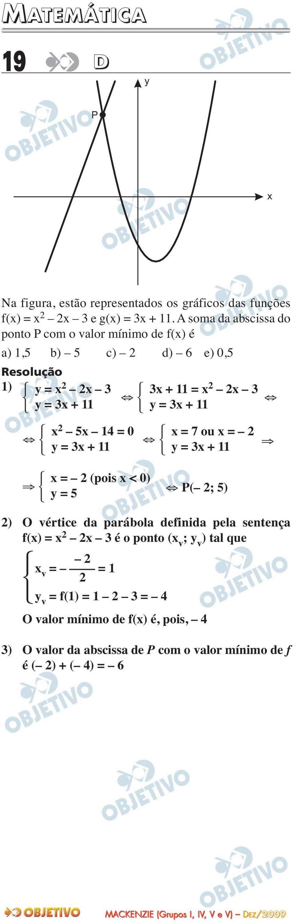 y = 3x + 11 y = 3x + 11 x = 2 (pois x < 0) y = 5 P( 2; 5) 2) O vértice da parábola definida pela sentença f(x) = x 2 2x 3 é o ponto (x v ; y v )