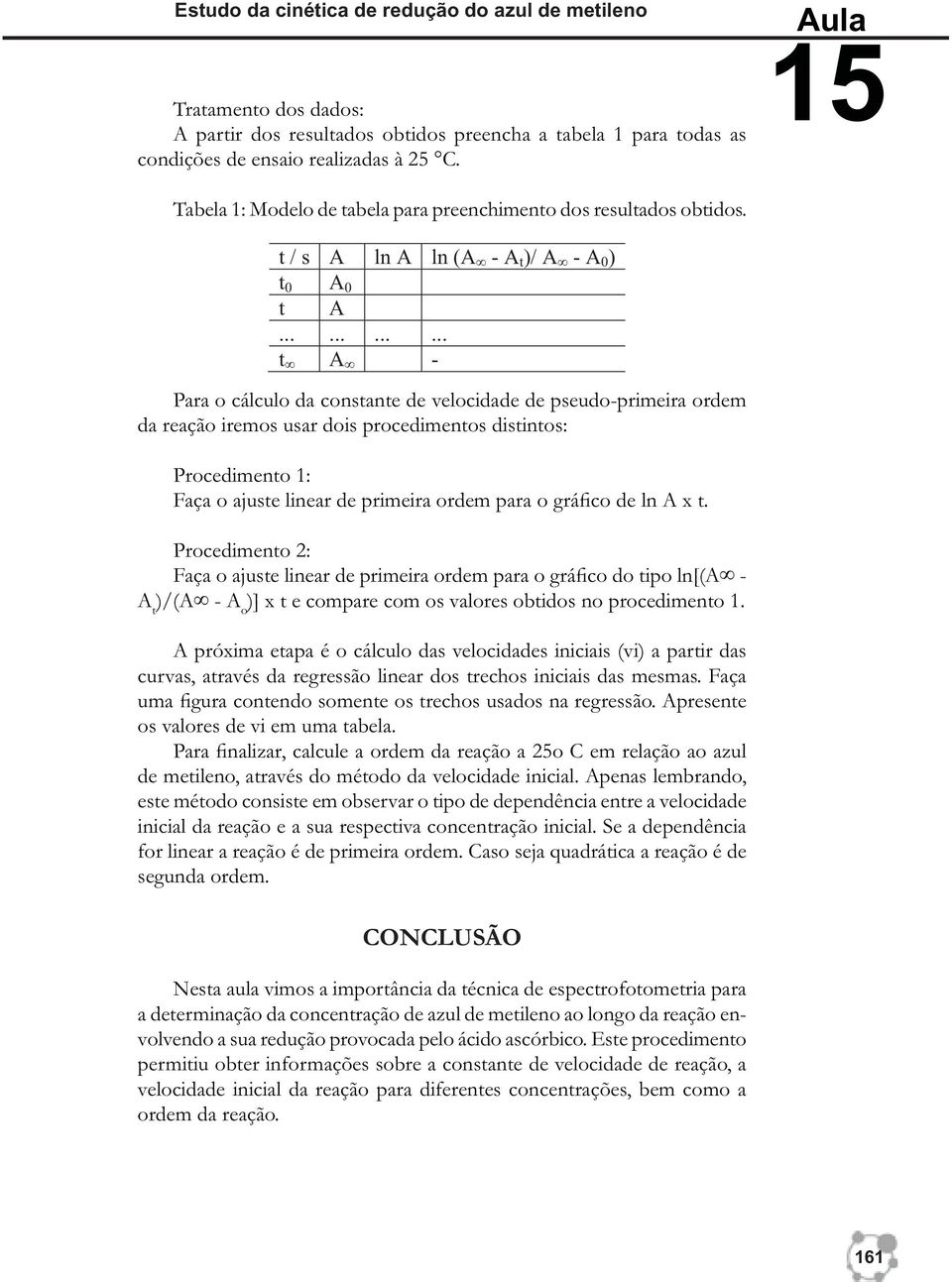 ........... t A - Para o cálculo da constante de velocidade de pseudo-primeira ordem da reação iremos usar dois procedimentos distintos: Procedimento 1: Faça o ajuste linear de primeira ordem para o