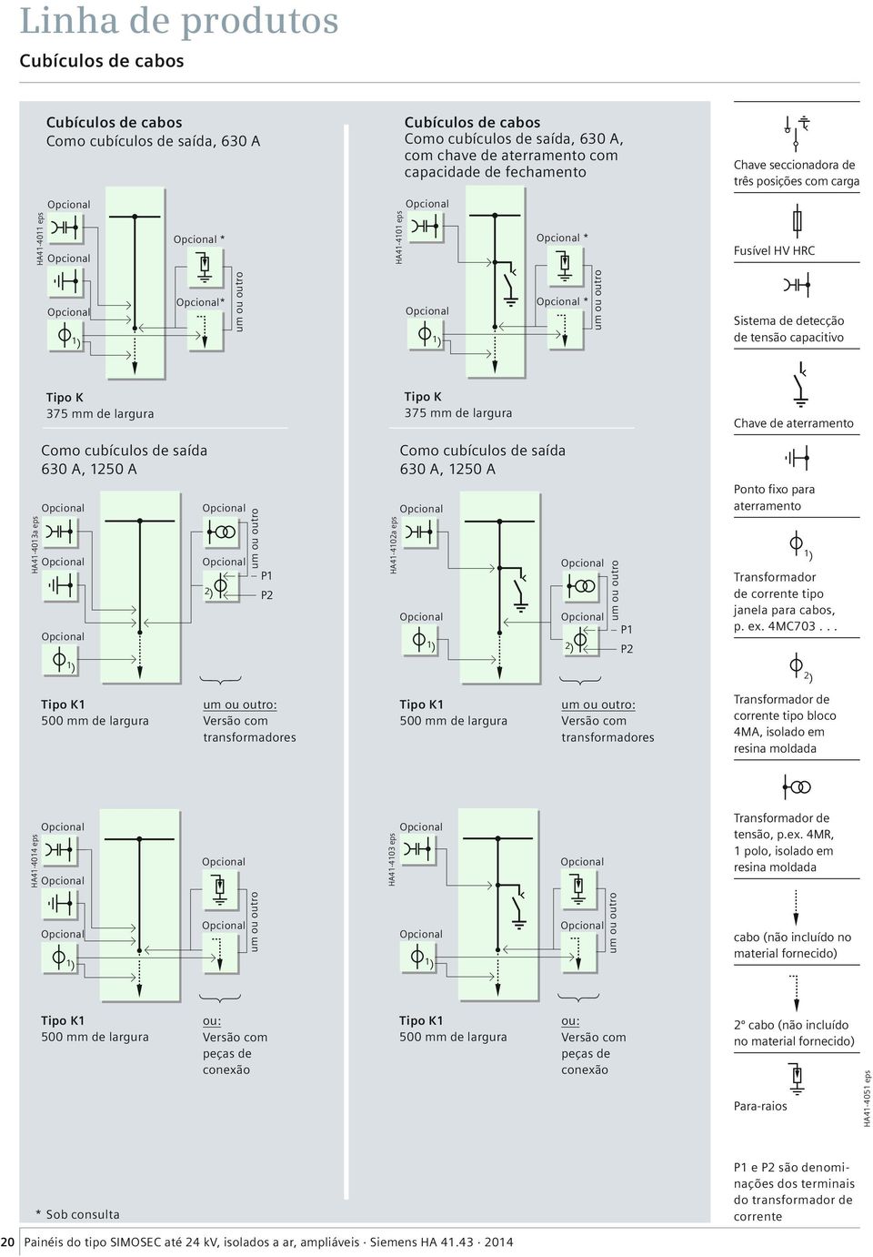 mm de largura Chave de aterramento HA41-4013a eps Como cubículos de saída 630 A, 1250 A 1 ) um ou outro P1 P2 HA41-4102a eps Como cubículos de saída 630 A, 1250 A 1 ) um ou outro P1 P2 Ponto fixo