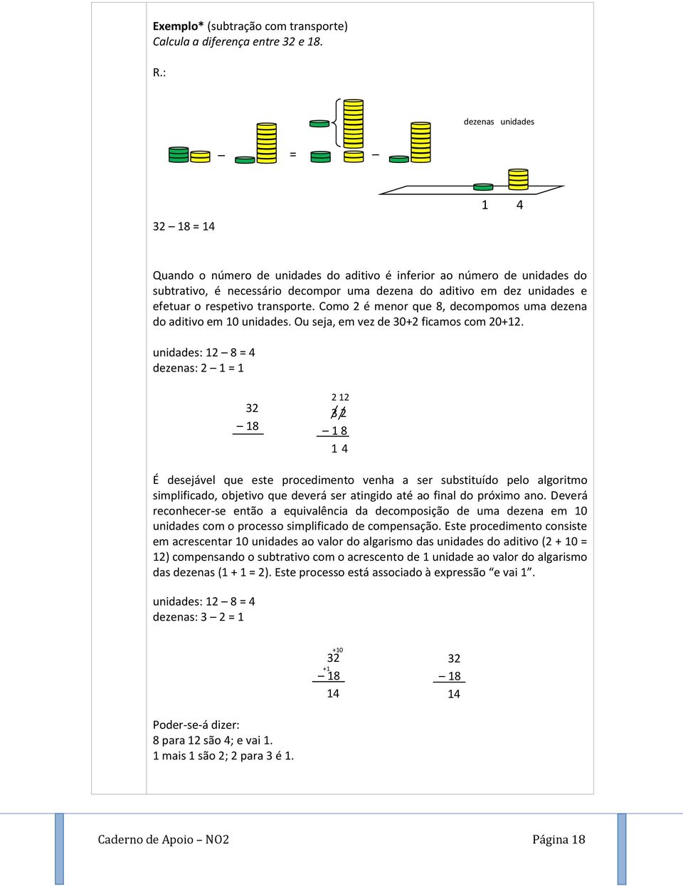 respetivo transporte. Como 2 é menor que 8, decompomos uma dezena do aditivo em 10 unidades. Ou seja, em vez de 30+2 ficamos com 20+12.